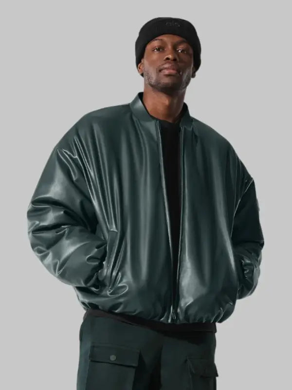 Alo Leather Green Bomber Jacket