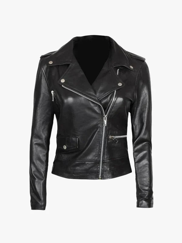 Amber Women Asymmetrical Black Leather Biker Jacket