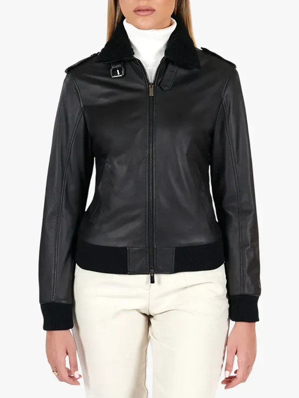 Antea Black Lamb Leather Bomber Aviator Smooth Effect Jacket