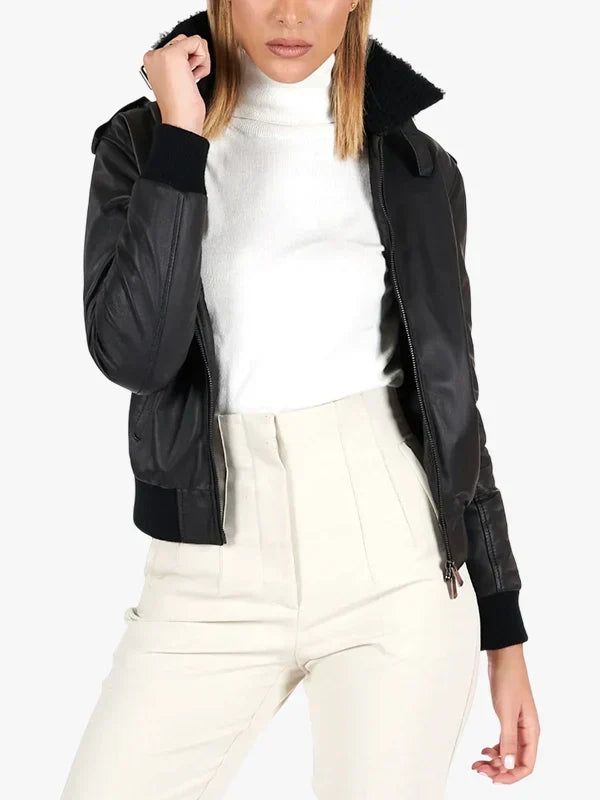 Antea Lamb Women’s Black Leather Bomber Jacket