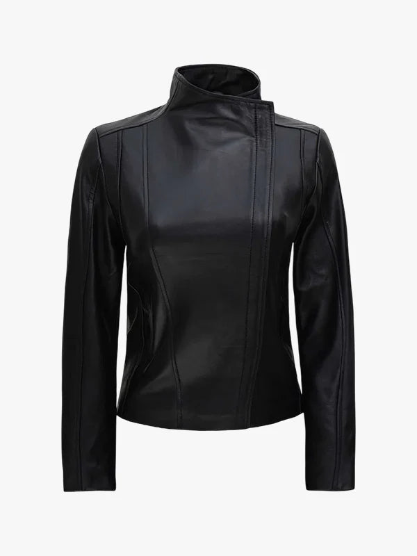 Arezzo Black Flap Closure Leather Cafe Racer Jacket