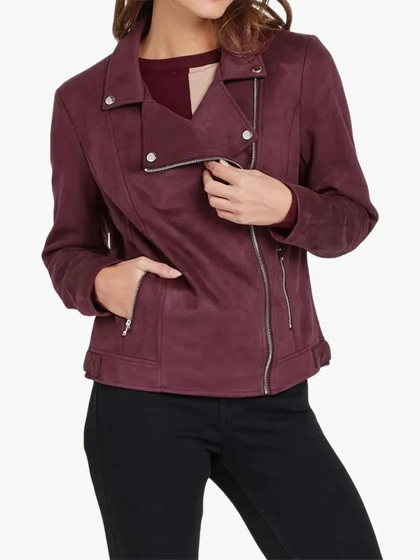 Asymmetrical Zip Burgundy Suede Leather Biker Jacket