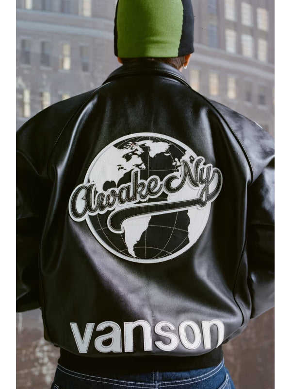 Awake NY Vanson Leathers Stadium Team Jacket Black