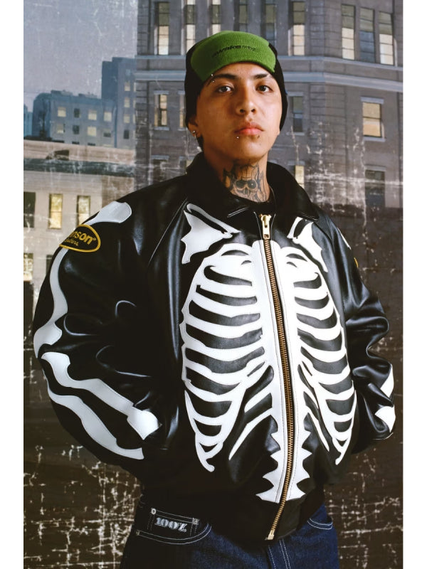 Awake NY Vanson Stadium Team Skeleton Leather Jacket Black