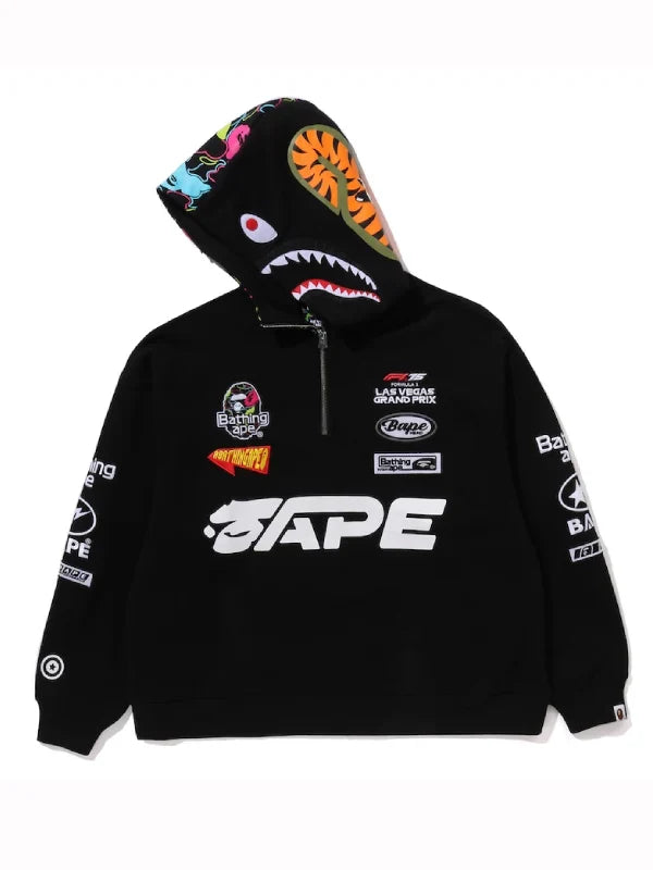 BAPE x F1LVMulti Logo Shark Relaxed Fit Half Zip Hoodie Black