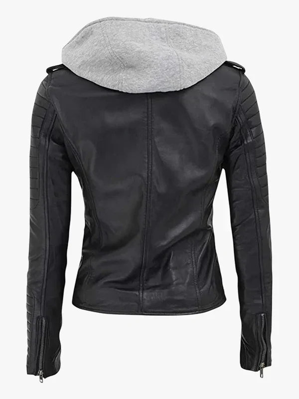 Bagheria Black Leather Biker Jacket With Removable Hood