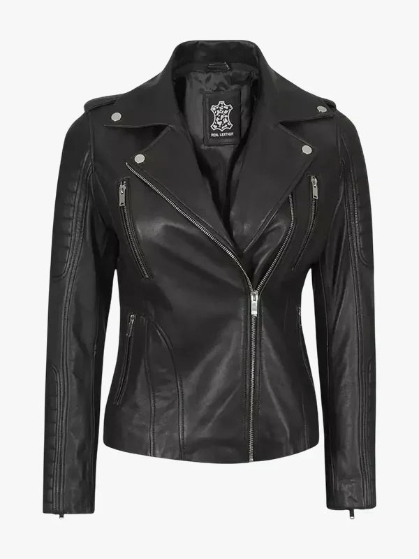 Bagheria Black Leather Biker Jacket With Removable Hood For Women’s