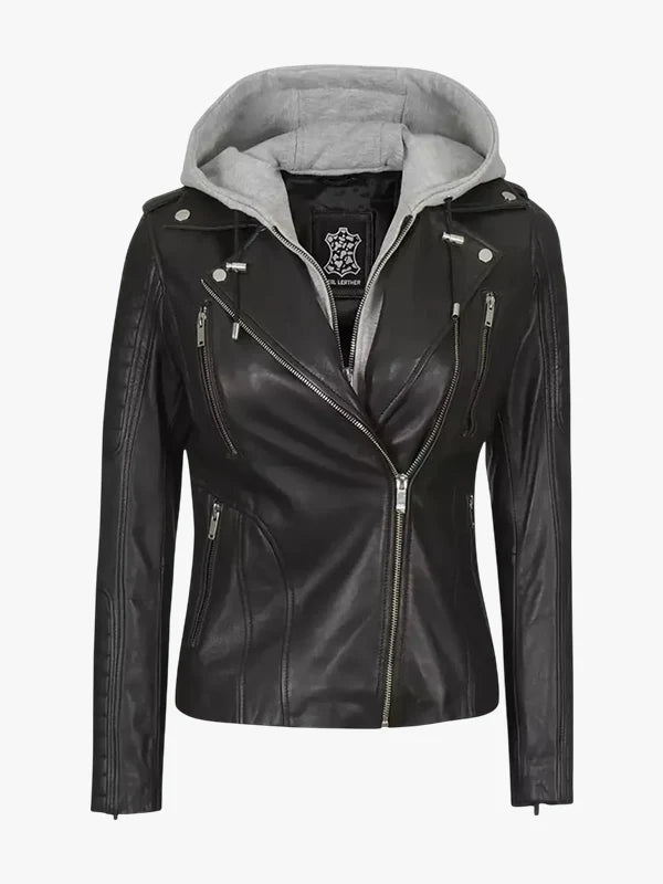 Bagheria Black Womens Leather Jacket With Hood