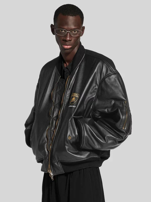 Balenciaga I Automobili Lamborghini Black Bomber Leather Jacket