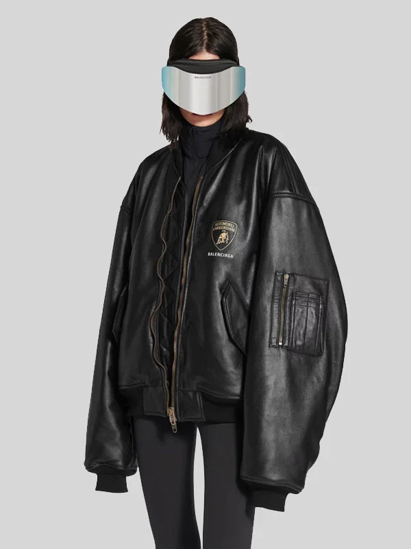 Balenciaga I Automobili Lamborghini Black Leather Bomber Jacket