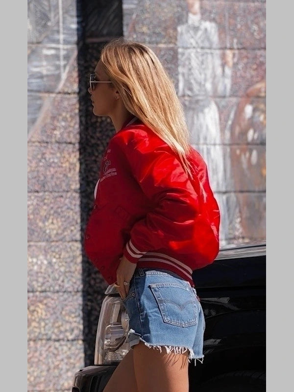 Bella Hadid Red Varsity Bomber Jacket