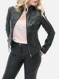 Belted Collar Black Leather Jacket Womens