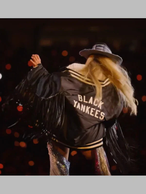 Beyonce Fringe Black Yankees Satin Varsity Jacket