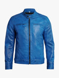 Blu Real Leather Distressed Cafe Racer Jacket Mens
