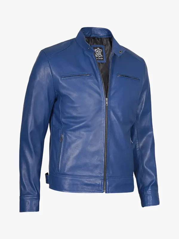 Blue Biker Leather Jacket Men's