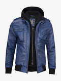 Blue Bomber Men’s Leather Jacket with Hood