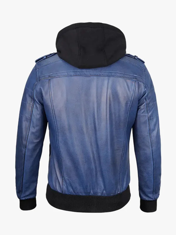 Blue Wax Leather Bomber Jacket With Removable Hood For Men's