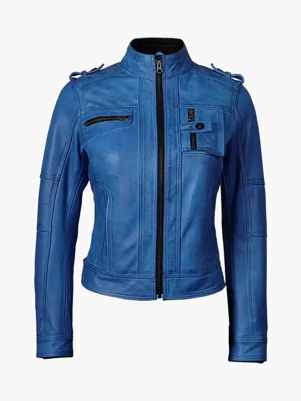 Blue Waxed Biker Leather Jacket For Women