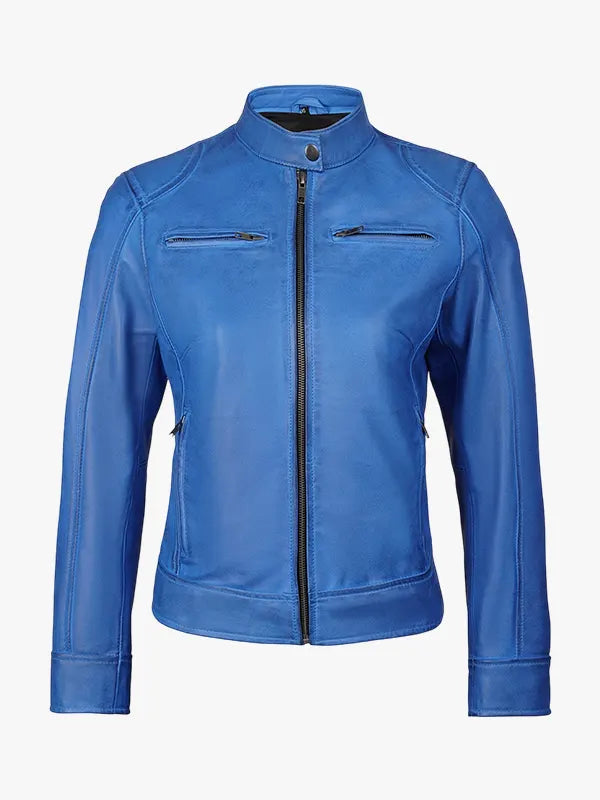 Blue Waxed Leather Zip-Up Jacket for Women
