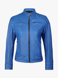 Blue Waxed Leather Zip-Up Jacket for Women