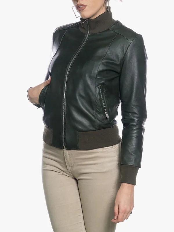 Bomber Dark Green Moto Jacket For Women