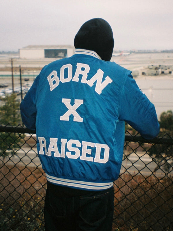 Born x Raised College Stadium Blue Satin Bomber Jacket