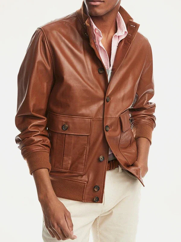 Brown Leather Bomber Jacket