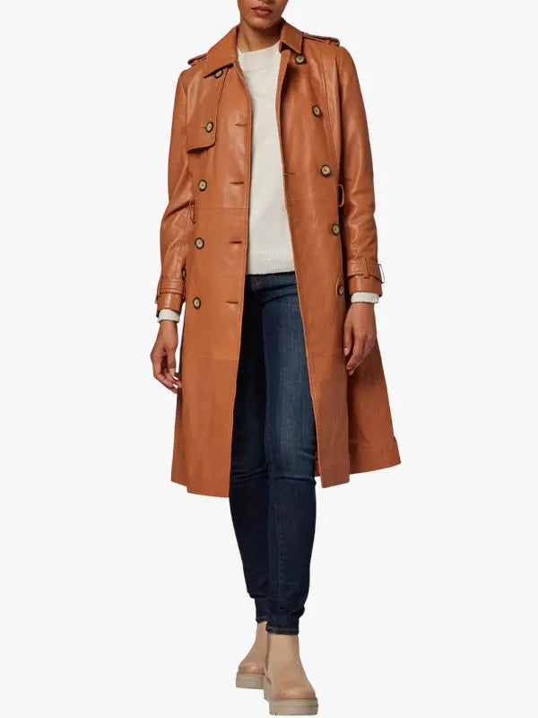 Brown Leather Trench Coat With Belted