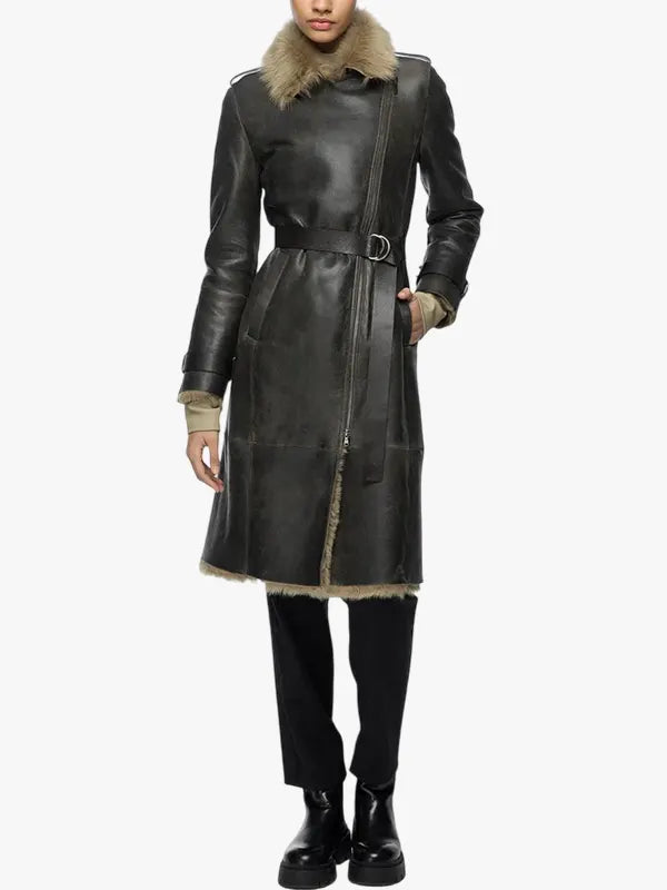 Brown Shearling Leather Trench Coat