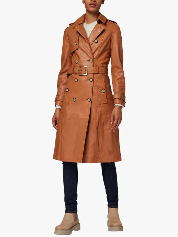 Brown Belted Leather Trench Coat