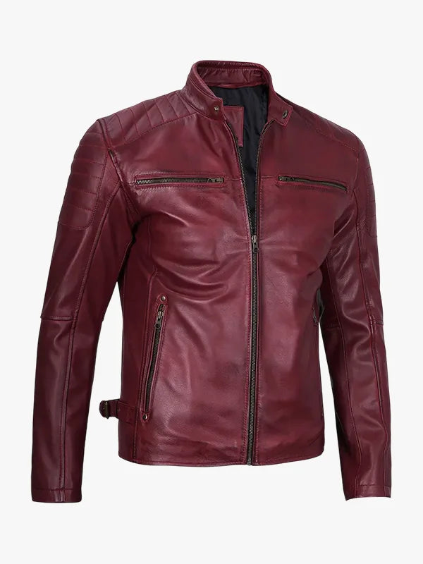 Burgundy Cafe Racer Leather Jacket for Men