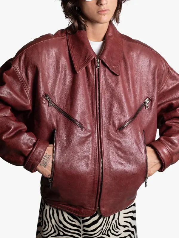 Burgundy Leather Bomber Jacket