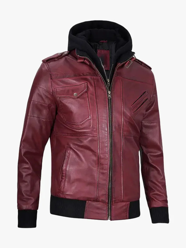 Burgundy Leather Jacket with Removable Hooded