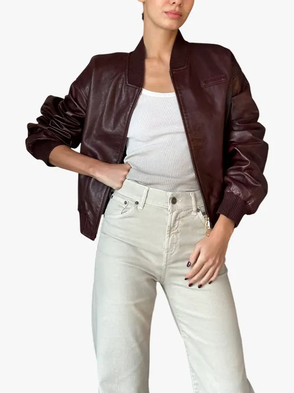 Burgundy Nova Leather Bomber Jacket