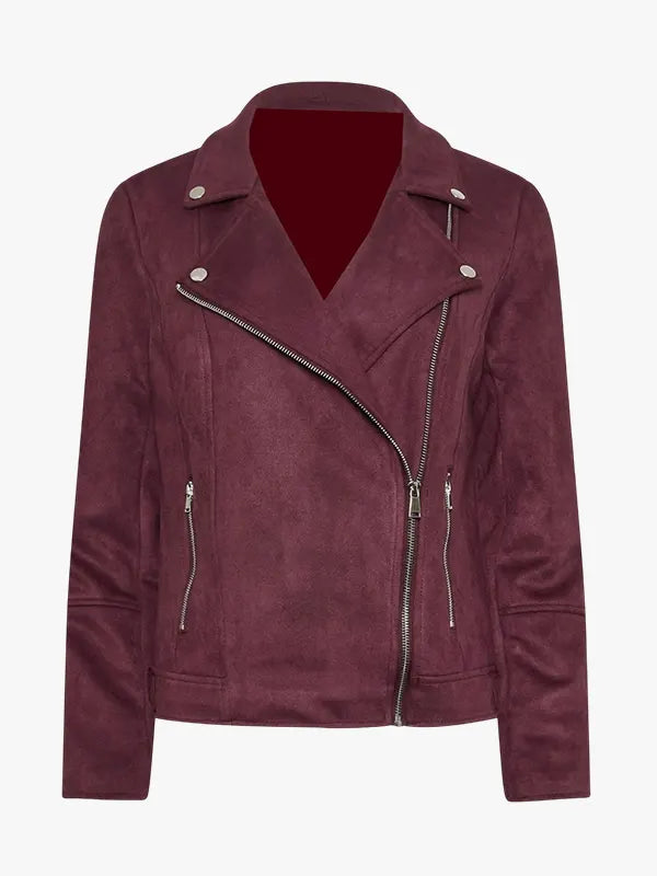 Burgundy Suede Leather Biker Moto Jacket