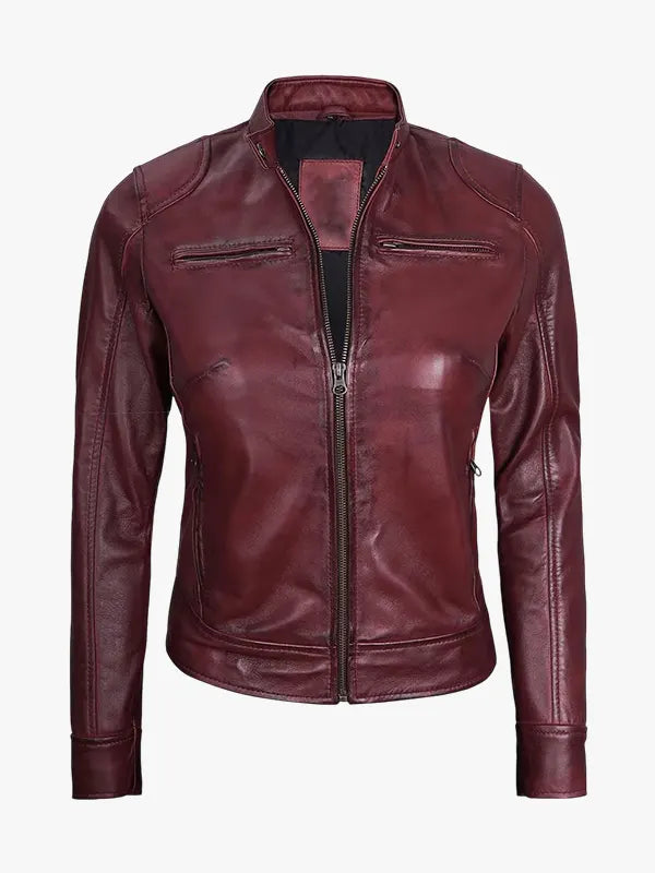 Burgundy Women's Lambskin Leather Moto Jacket