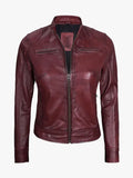 Burgundy Women's Lambskin Leather Moto Jacket