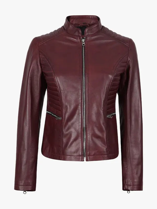 Burgundy Women's Leather Cafe Racer Jacket