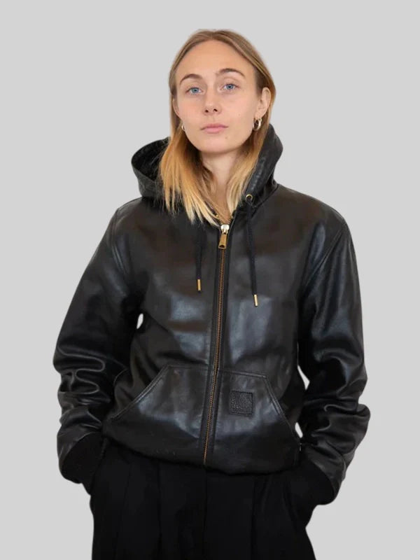 Carhartt Hooded Leather Jacket Black