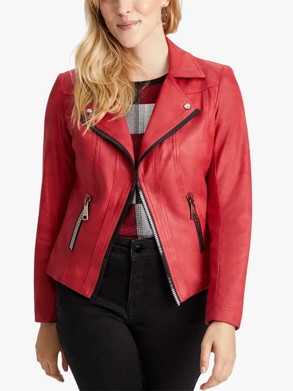 Cherry Rush Vex Zipper-Trim Women Biker Leather Red Jacket