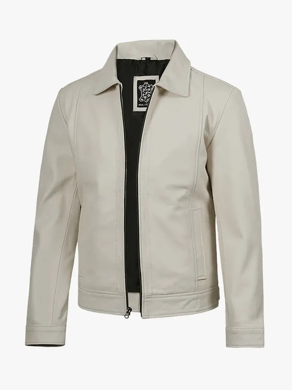 Classic Men’s Off White Shirt Collar Harrington Leather Jacket