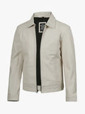 Classic Men’s Off White Shirt Collar Harrington Leather Jacket
