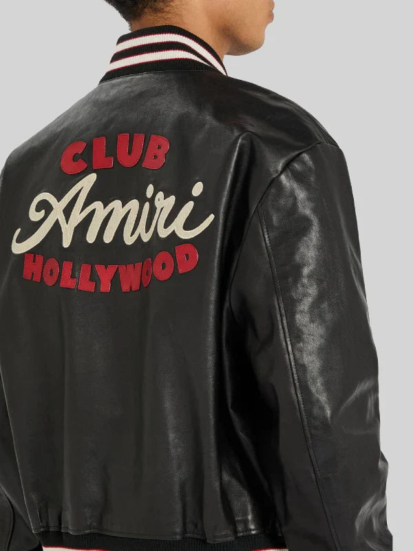 Club Amiri Appliqued Black Leather Varsity Jacket