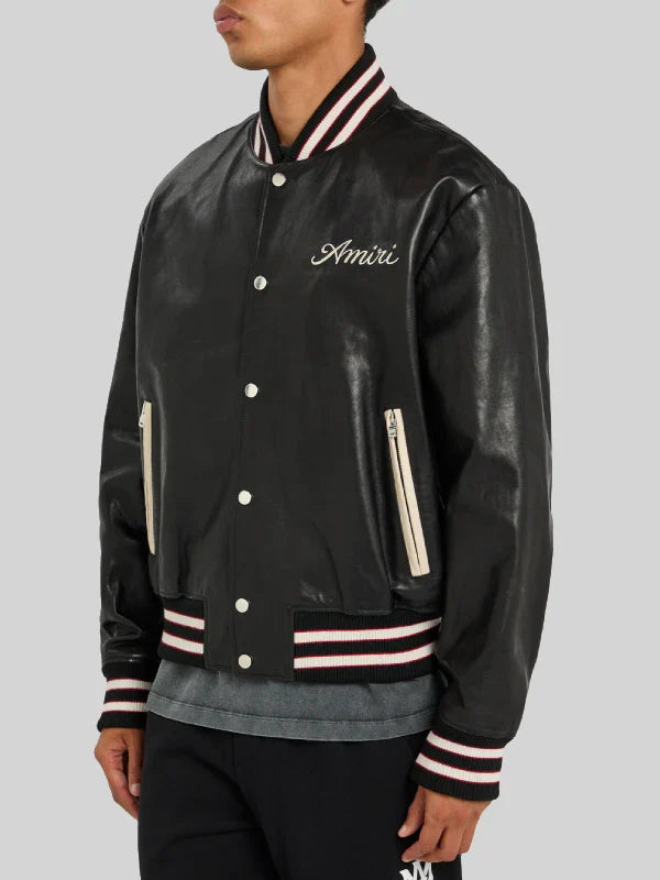 Club Amiri Appliqued Leather Varsity Jacket Black
