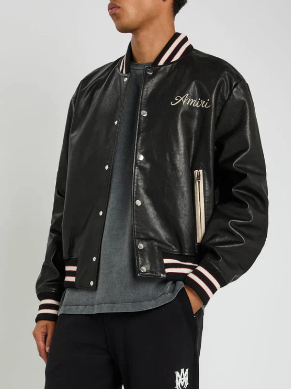 Club Amiri Black Leather Varsity Jacket