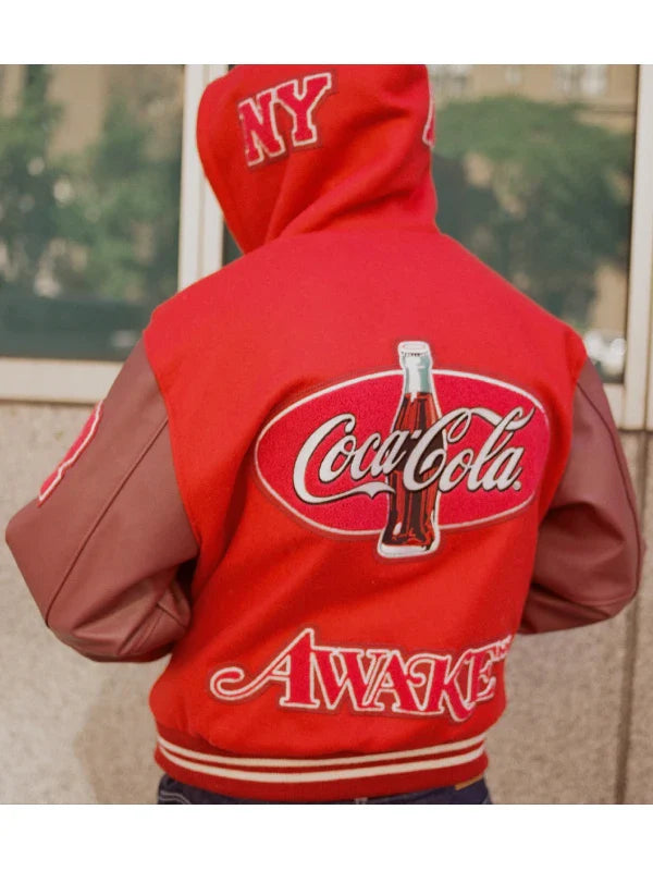 Coca-Cola x AWAKE NY Red Varsity Jacket with Shearling Hood