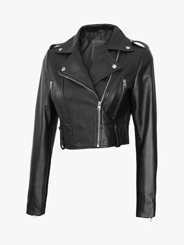 Colleen Cropped Black Leather Biker Jacket