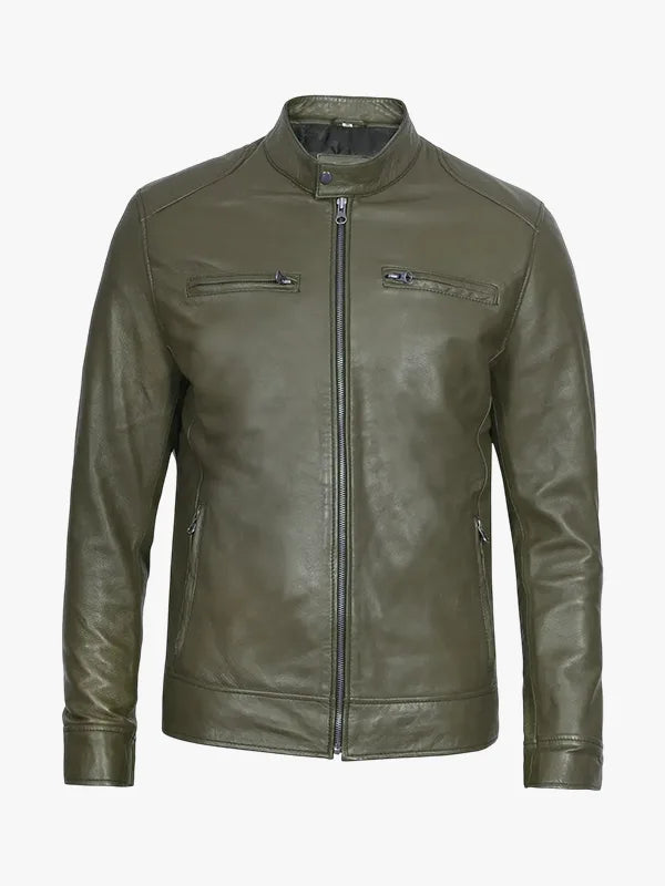 Dodge Olive Green Cafe Racer Leather Jacket