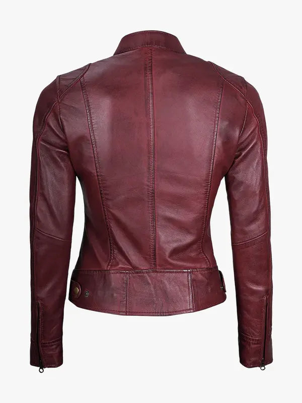 Dodge Women's Burgundy Cafe Racer Leather Biker Jacket