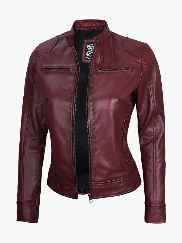 Dodge Women's Burgundy Cafe Racer Leather Jacket